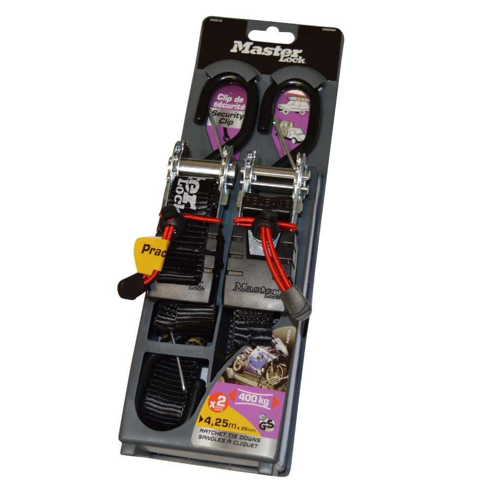 MASTER LOCK Ratchet TieDowns With S Hooks 4.25m x 25mm Set of 2