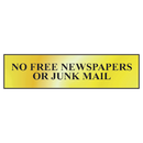ASEC `No Free Newspapers or Junk Mail` 200mm x 50mm Metal Strip Self Adhesive Sign Gold