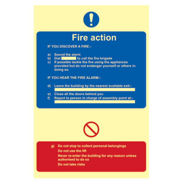 ASEC Photoluminescent Fire Action Procedure Sign 200mm x 300mm
