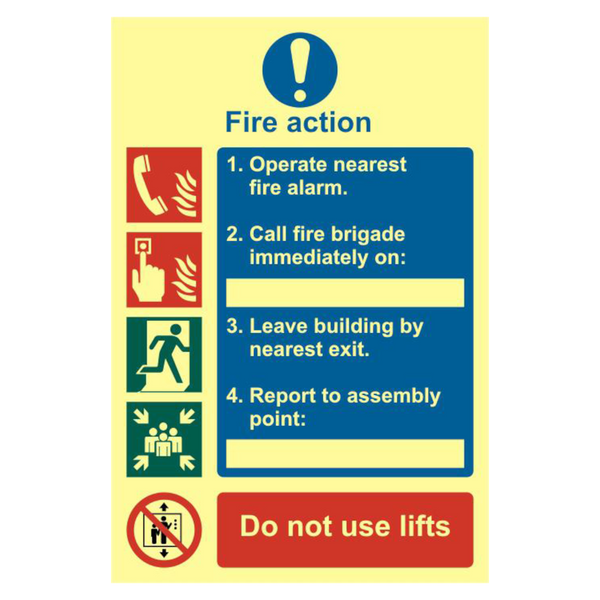 ASEC Fire Action Procedure 200mm x 300mm PVC Self Adhesive Photo luminescent Sign