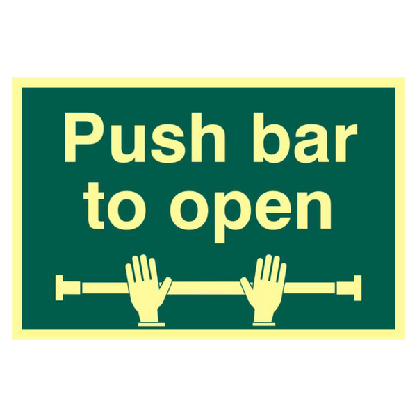ASEC `Push Bar To Open` 200mm x 300mm PVC Self Adhesive Photo luminescent Sign
