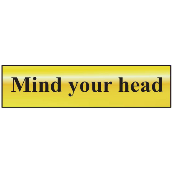 ASEC `Mind Your Head` 200mm x 50mm Gold Self Adhesive Sign