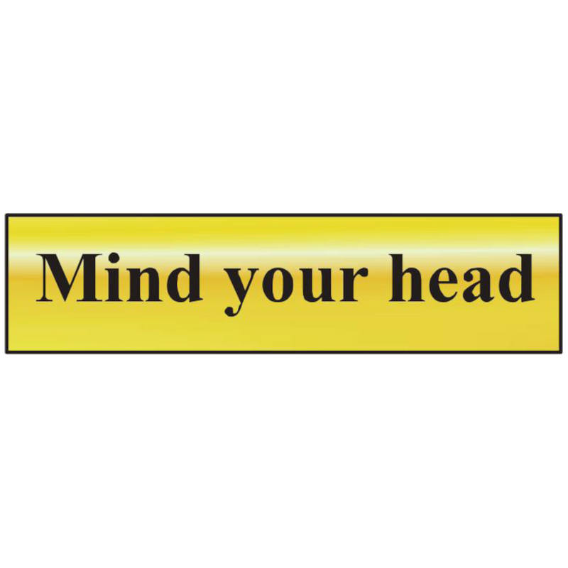 ASEC `Mind Your Head` 200mm x 50mm Gold Self Adhesive Sign