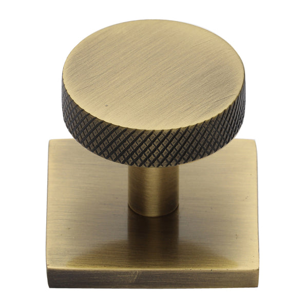 Heritage Brass Knurled Disc Cabinet Knob with Square Backplate