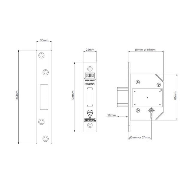 Union StrongBOLT 2100 British Standard BS3621 5 Lever Deadlock - 81mm (3") Case - 57mm Backset - Brass