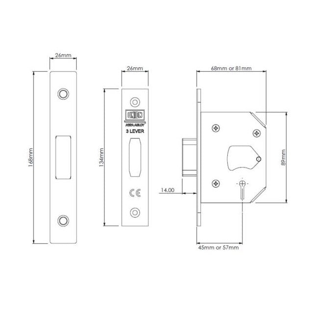 Union StrongBOLT 2103 3 Lever Deadlock - 68mm (2.5") Case - 45mm Backset - Brass