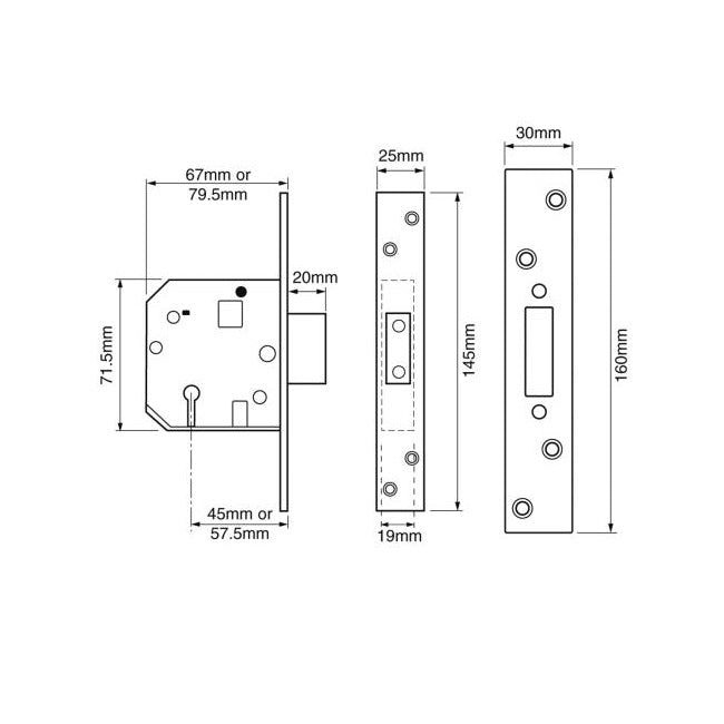 Union 2134E British Standard BS3621 5 Lever Deadlock - 67mm (2.5") Case - 45mm Backset - Satin Chrome