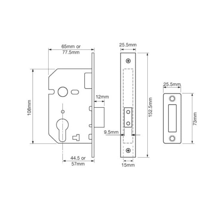 Union L2149 Euro Deadlock - 65mm (2.5") Case - 44mm Backset - Satin Chrome