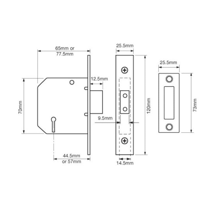 Union 2177 3 Lever Deadlock - 77.5mm (3") Case - 57mm Backset - Satin Chrome