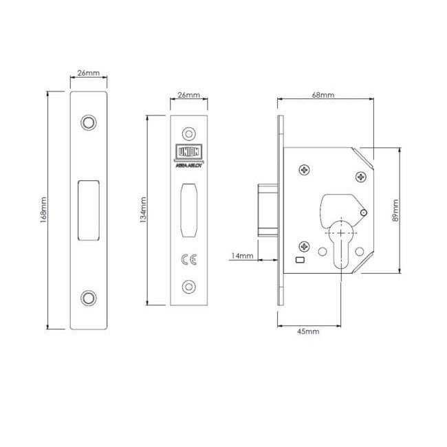 Union StrongBOLT 21EUS Euro Deadlock - 68mm (2.5") Case - 45mm Backset - Brass