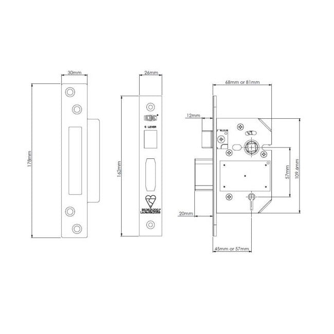Union StrongBOLT 2200 British Standard BS3621 5 Lever Sashlock - 68mm (2.5") Case - 45mm Backset - Stainless Steel