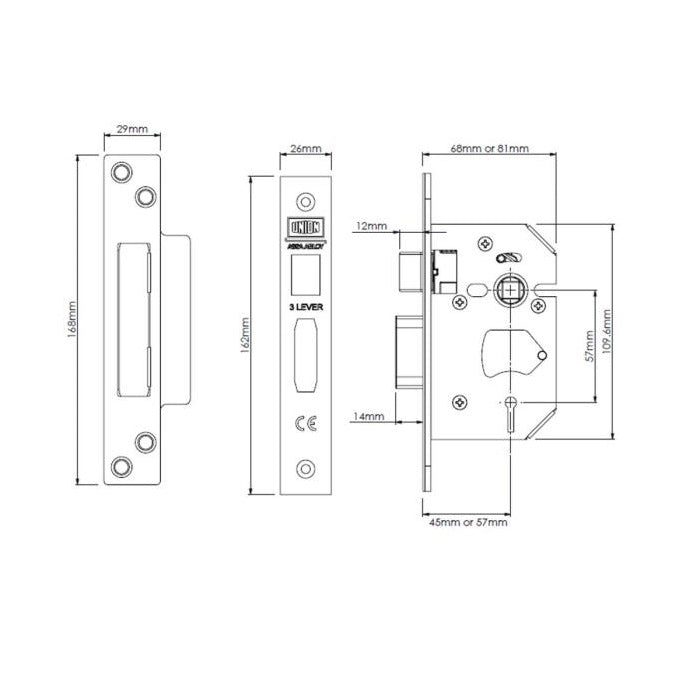 Union StrongBOLT 2203 3 Lever Sashlock - 68mm (2.5") Case - 45mm Backset - Brass