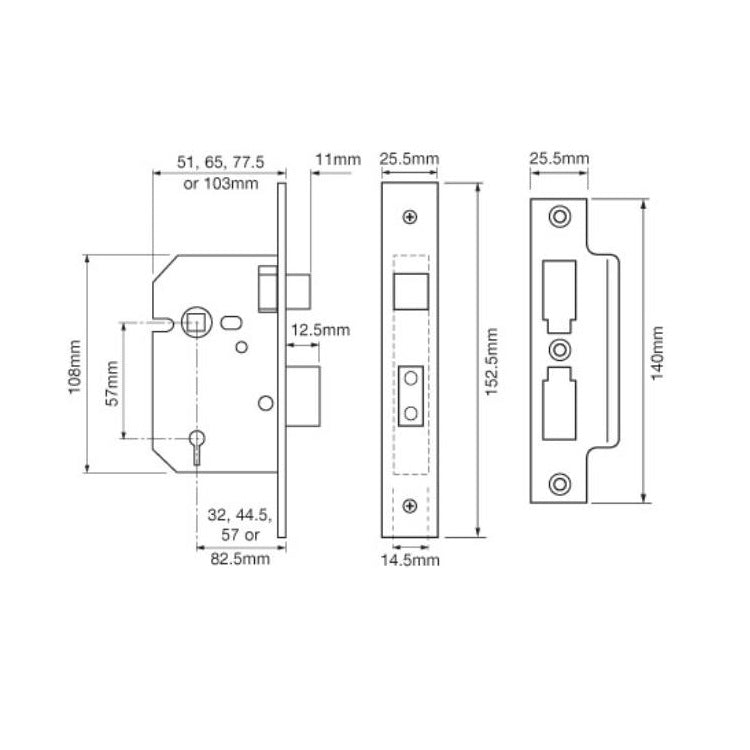 Union 2277 3 Lever Sashlock - 65mm (2.5") Case - 44mm Backset - Brass