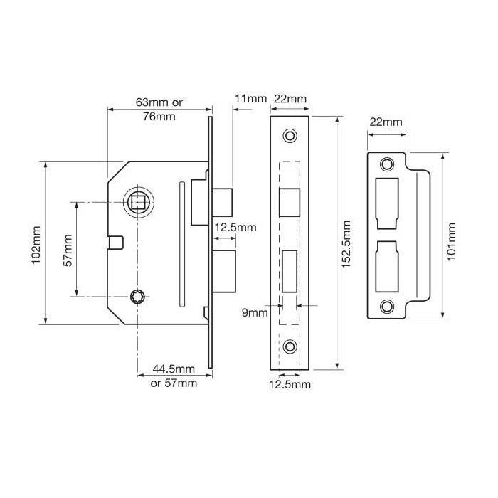 Union 2294 Bathroom Lock - 63mm (2.5") Case - 44mm Backset - Brass