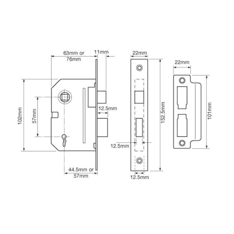Union 2295 2 Lever Sashlock - 76mm (3") Case - 57mm Backset - Brass