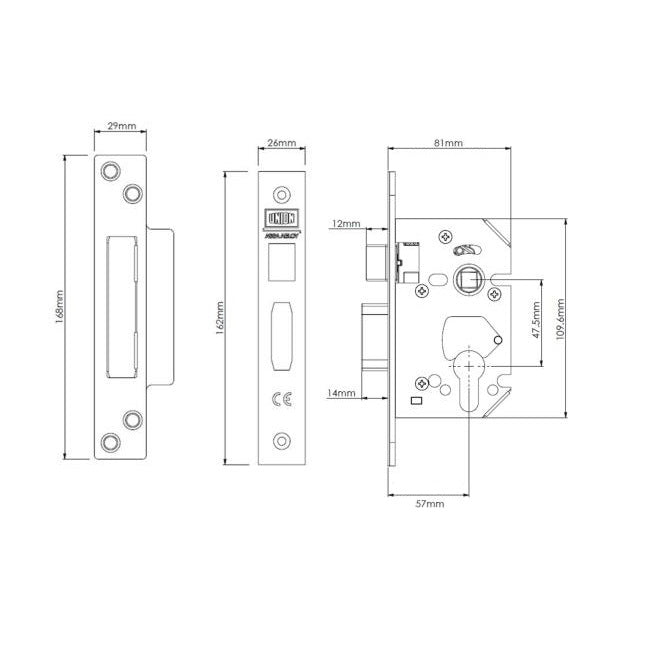 Union StrongBOLT 22EUS Euro Sashlock - 81mm (3") Case - 57mm Backset - Brass