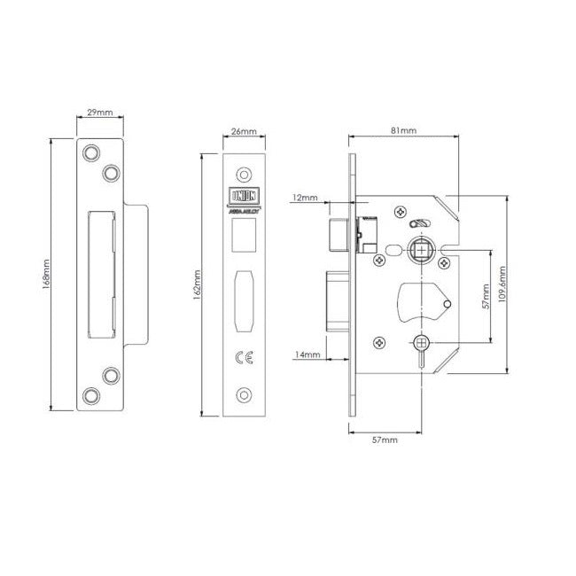 Union StrongBOLT 22WCS Bathroom Lock - 81mm (3") Case - 57mm Backset - Brass