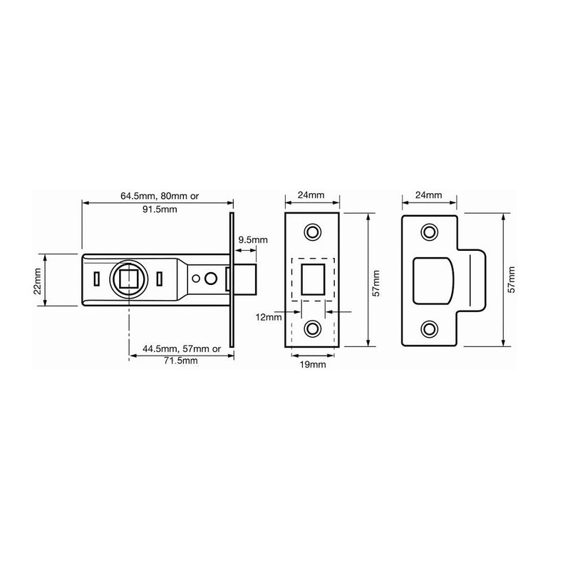 Union 2648 Tubular Latch - 80mm (3") Case - 57mm Backset - Brass