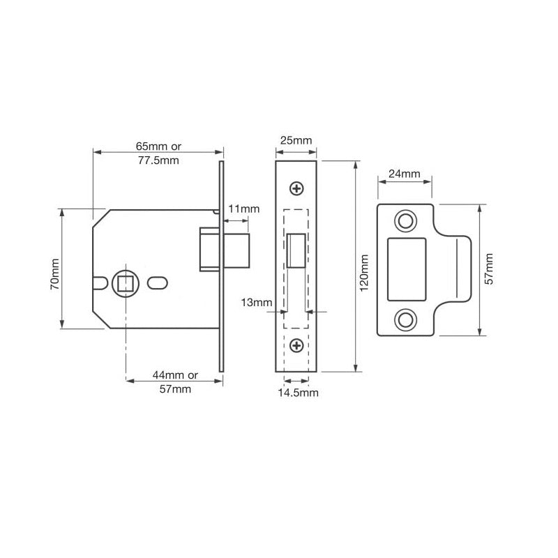 Union 2677 Mortice Latch - 65mm (2.5") Case - 44mm Backset - Satin Chrome