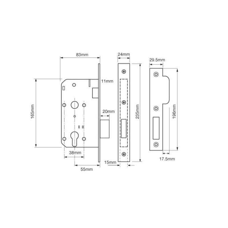 Union 2C22 DIN Style Euro Deadlock with Square Forend - 83mm Case - 55