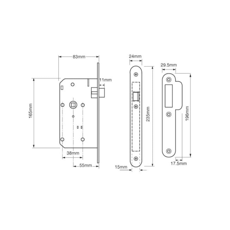 Union 2C23 DIN Style Mortice Latch with Radius Forend - 83mm Case - 55mm Backset - SSS