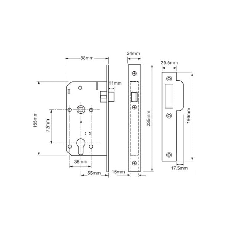 Union 2C24 DIN Style Euro Nightlatch with Square Forend - 83mm Case - 55mm Backset - SSS
