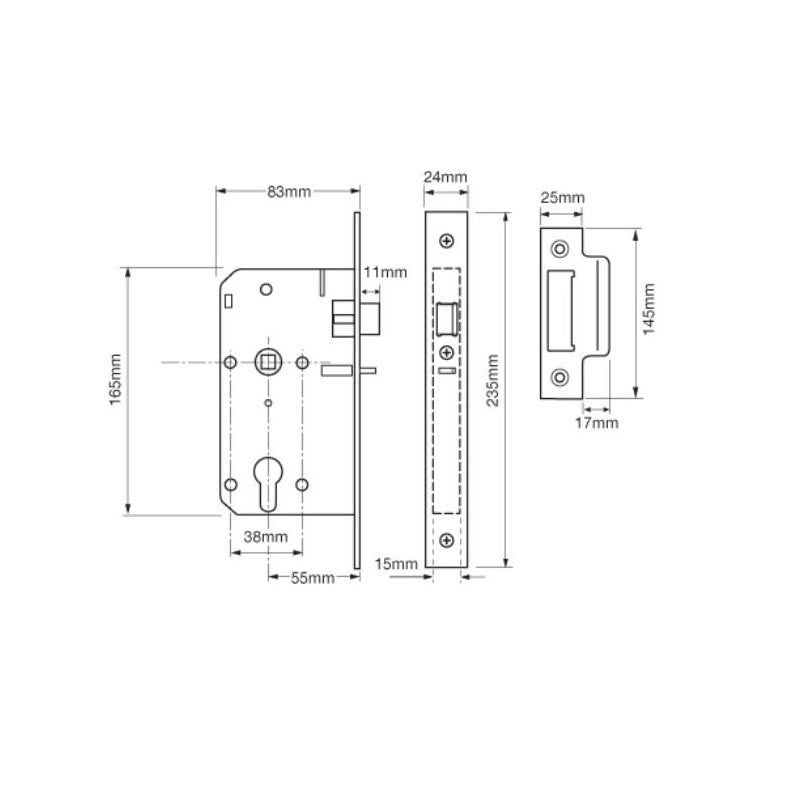 Union 2C25 DIN Style Euro Deadlocking Nightlatch with Square Forend - 83mm Case - 55mm Backset - SSS