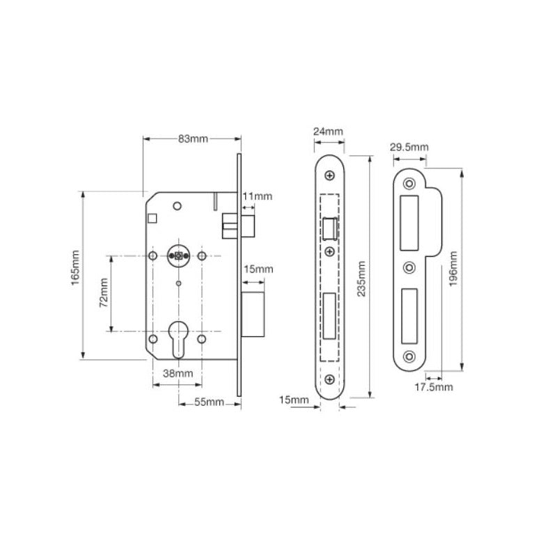 Union 2C26 DIN Style Euro Escape Lock with Radius Forend - 83mm Case - 55mm Backset - SSS