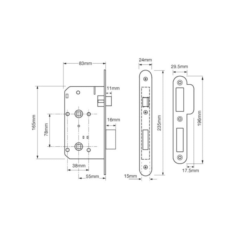 Union 2C27 DIN Style Bathroom Lock with Radius Forend - 83mm Case - 55mm Backset - SSS