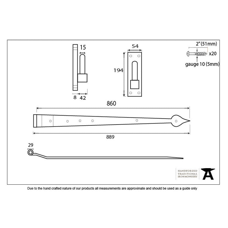 From The Anvil Hook & Band Hinges (pair) - Cranked - 35" - Pewter