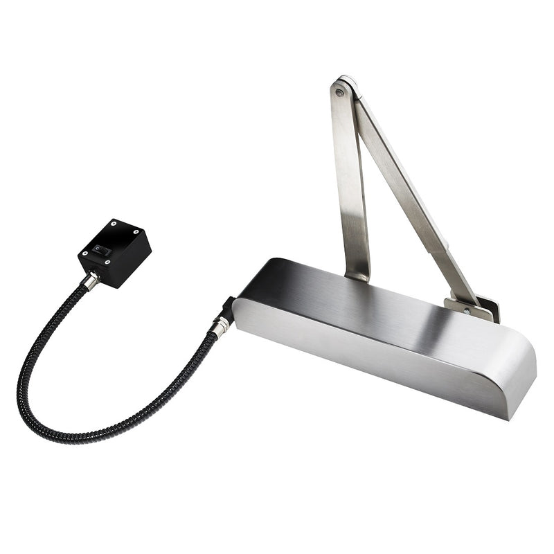 Exidor 9870 EN4 Hold Open / Free Swing E-Mag Door Closer - Radius Cover - Satin Stainless Steel