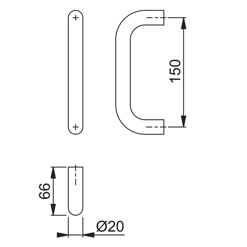 Hoppe 20mmØ "D" Bolt Through Fixing Pull Handle 150mm - Grade 316 Satin Stainless Steel