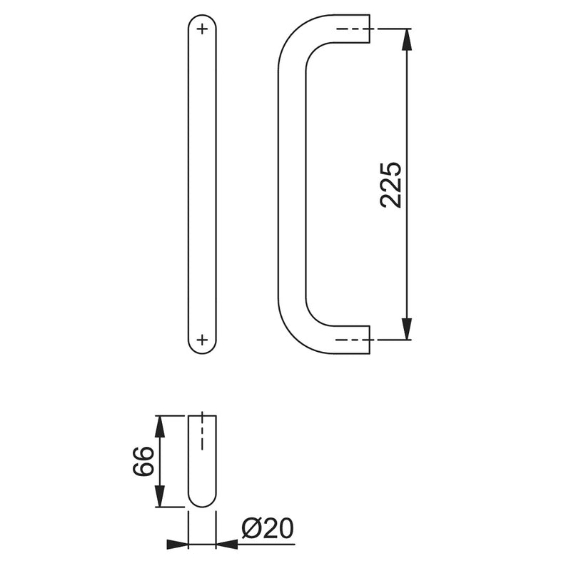 Hoppe 20mmØ "D" Bolt Through Fixing Pull Handle 225mm - Grade 316 Satin Stainless Steel