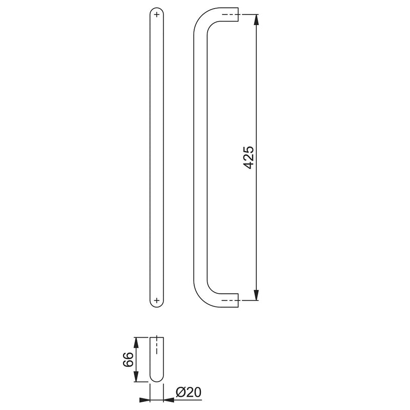 Hoppe 20mmØ "D" Bolt Through Fixing Pull Handle 425mm - Grade 316 Satin Stainless Steel