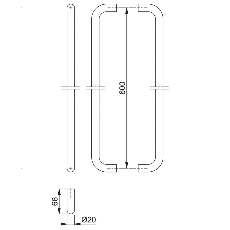 Hoppe 20mmØ "D" Back to Back Pull Handles 600mm - Grade 316 Satin Stainless Steel
