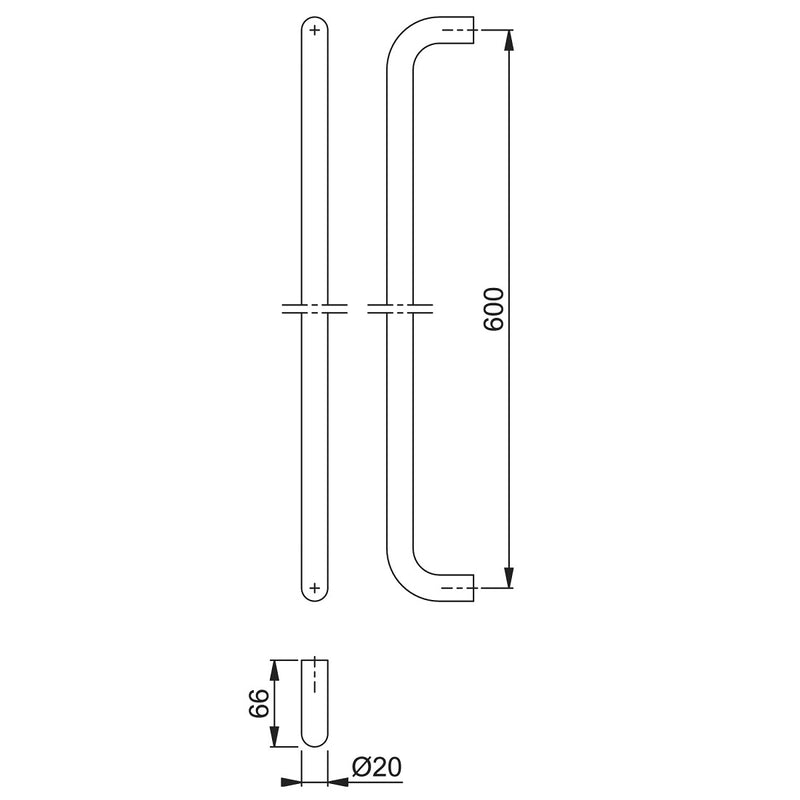 Hoppe 20mmØ "D" Bolt Through Fixing Pull Handle 600mm - Grade 316 Satin Stainless Steel