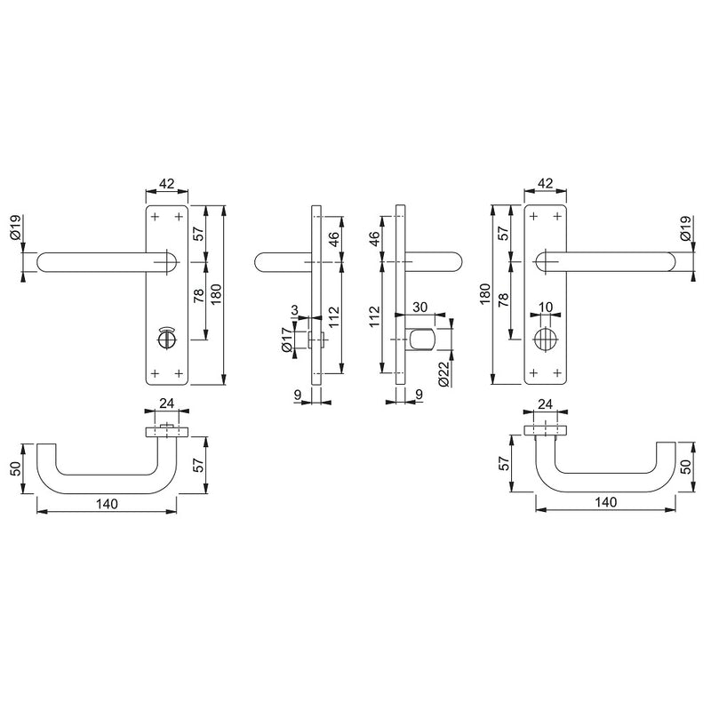 Arrone 19mmØ Return to Door Lever Handles on Bathroom Plate (78mm Centres) - Grade 316 SSS