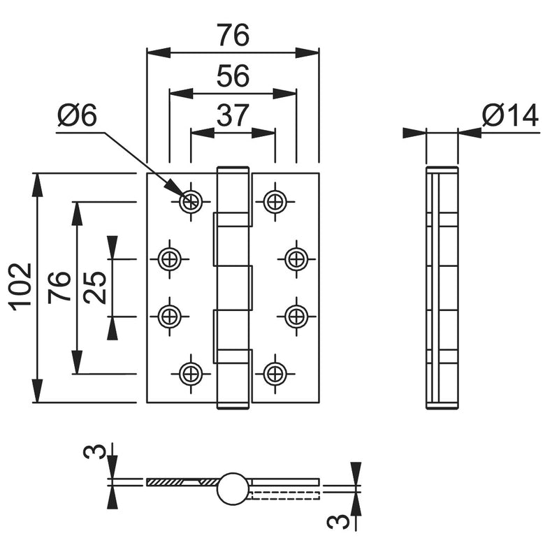 Arrone 102x76mm (4" x 3") Grade 13 Ball Bearing Butt Hinges with Square Corners (pair) - SSS