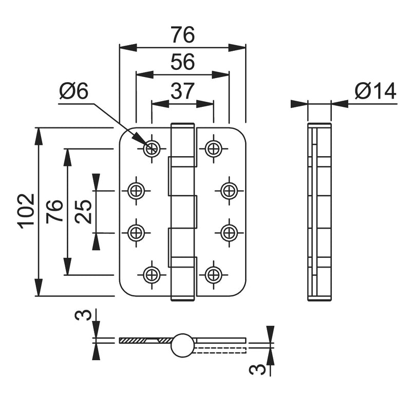 Arrone 102x76mm (4" x 3") Grade 13 ball Bearing Butt Hinges with Radiused Corners (pair) - SSS