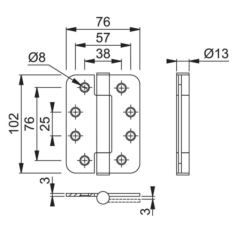 Arrone 102x76mm (4" X 3") Grade 13 Concealed Bearing Butt Hinge with Radiused Corners (1.5 pair) - SSS