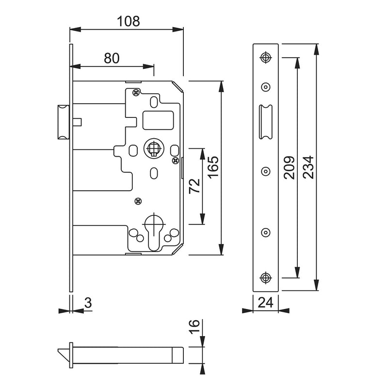 Arrone AR911 DIN Style Mortice Latch with Radius Forend - 108mm Case - 80mm Backset - SSS