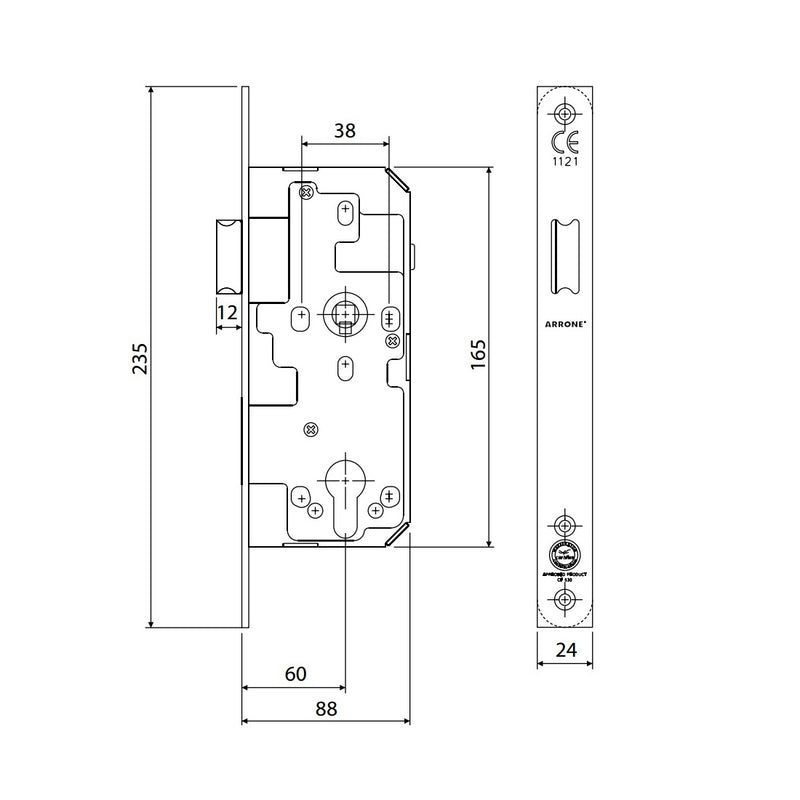 Arrone AR911 DIN Style Mortice Latch with Square Forend - 88mm Case - 60mm Backset - PB