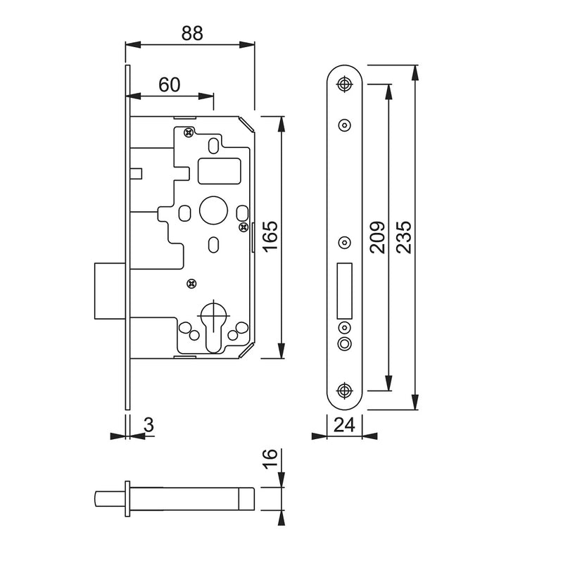 Arrone AR912 DIN Style Euro Deadlock with Radius Forend  - 88mm Case - 60mm Backset - PSS