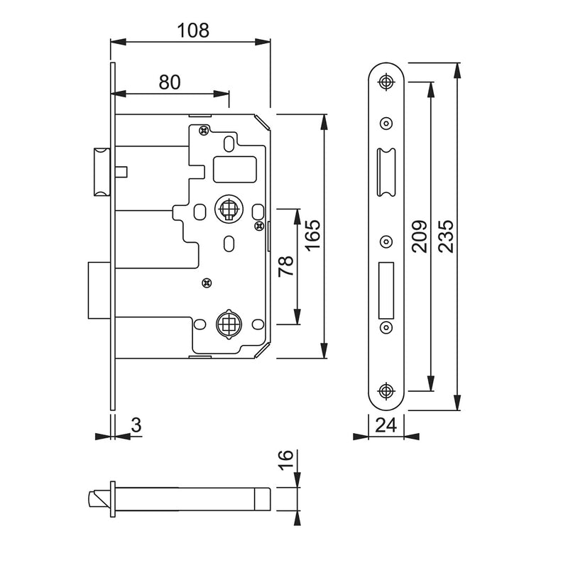 Arrone AR913 DIN Style Bathroom Lock with Radius Forend - 108mm Case - 80mm Backset - SSS