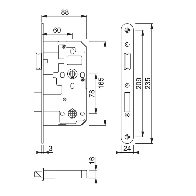 Arrone AR913 DIN Style Bathroom Lock with Radius Forend - 88mm Case - 60mm Backset - PB