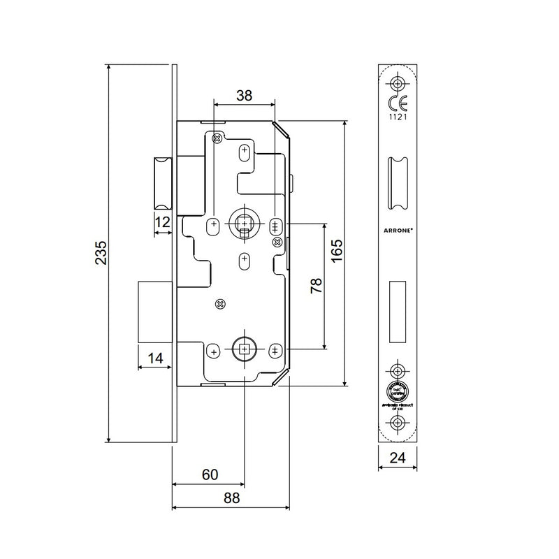Arrone AR913 DIN Style Bathroom Lock with Square Forend - 88mm Case - 60mm Backset - PB