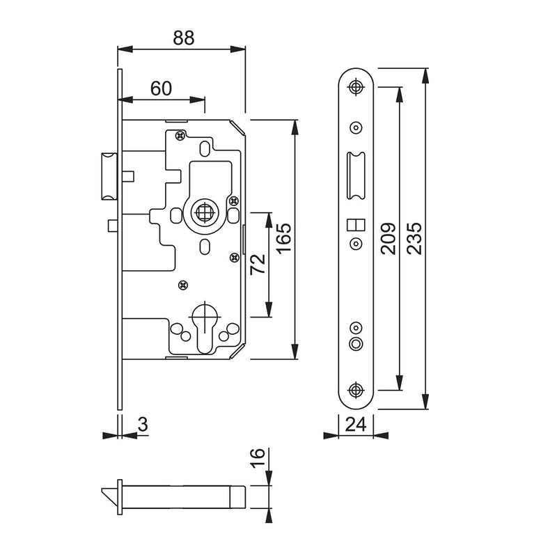 Arrone AR914 DIN Style Euro Nightlatch with Radius Forend - 88mm Case - 60mm Backset - SSS