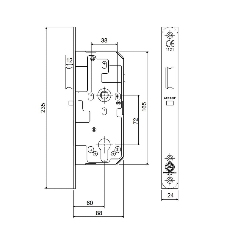 Arrone AR914 DIN Style Euro Nightlatch with Square Forend - 88mm Case - 60mm Backset - PB