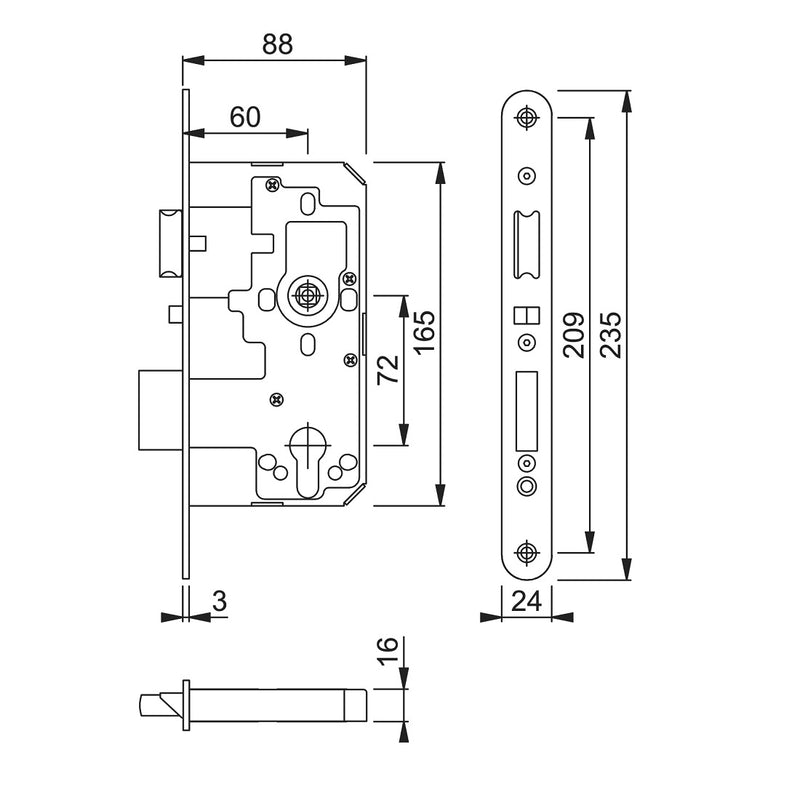 Arrone AR915 DIN Style Euro Escape Lock with Radius Forend - 88mm Case - 60mm Backset - PB