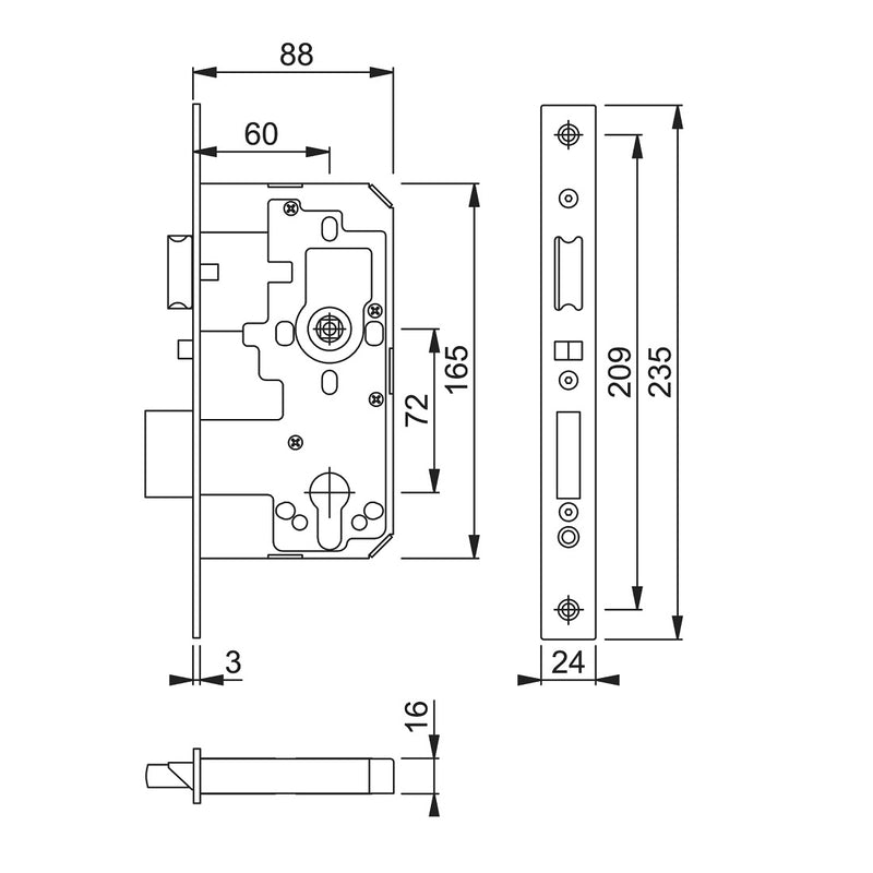Arrone AR915 DIN Style Euro Escape Lock with Square Forend - 88mm Case - 60mm Backset - PB